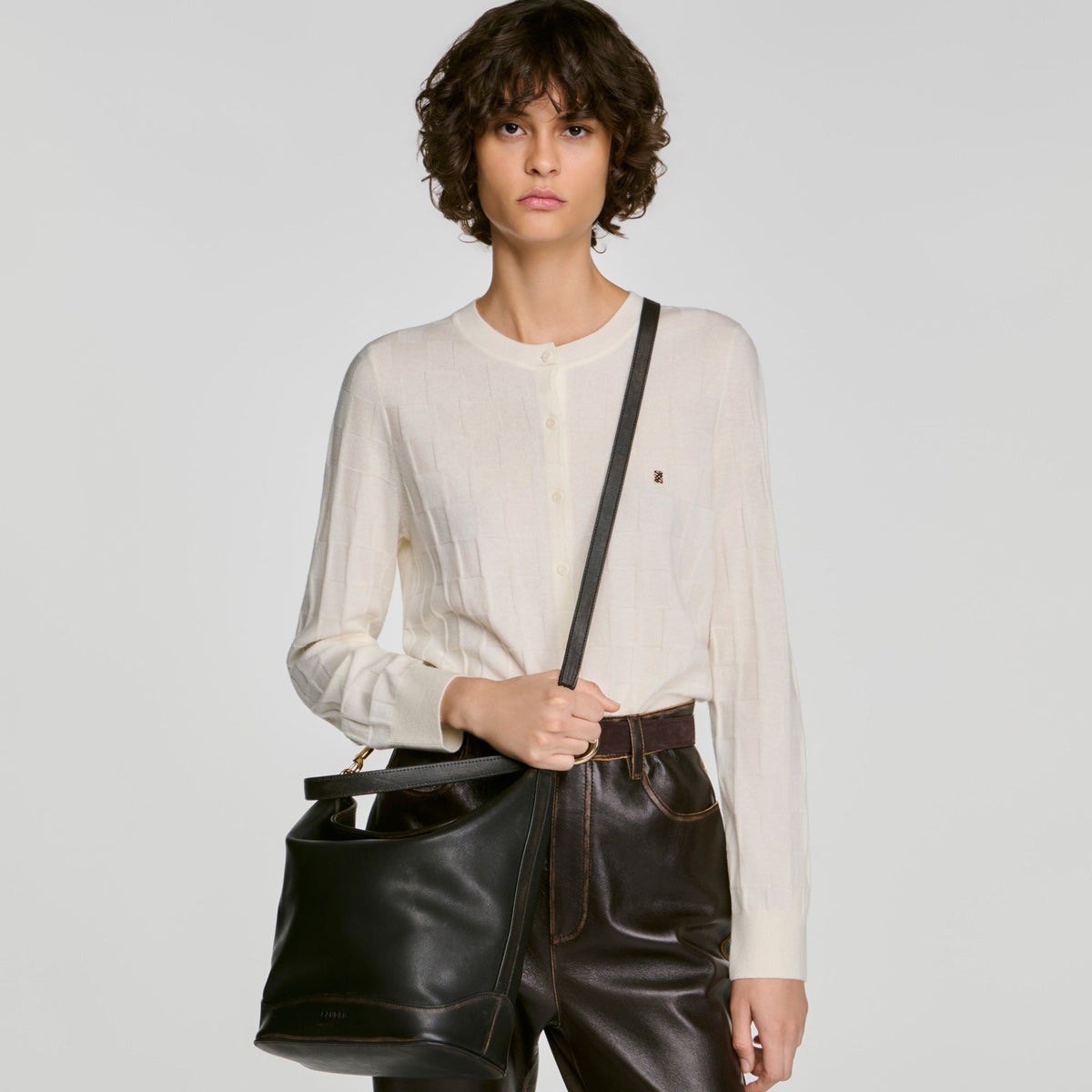 Tangoso Used Tangoso Aged Leather Bucket Bag Brown