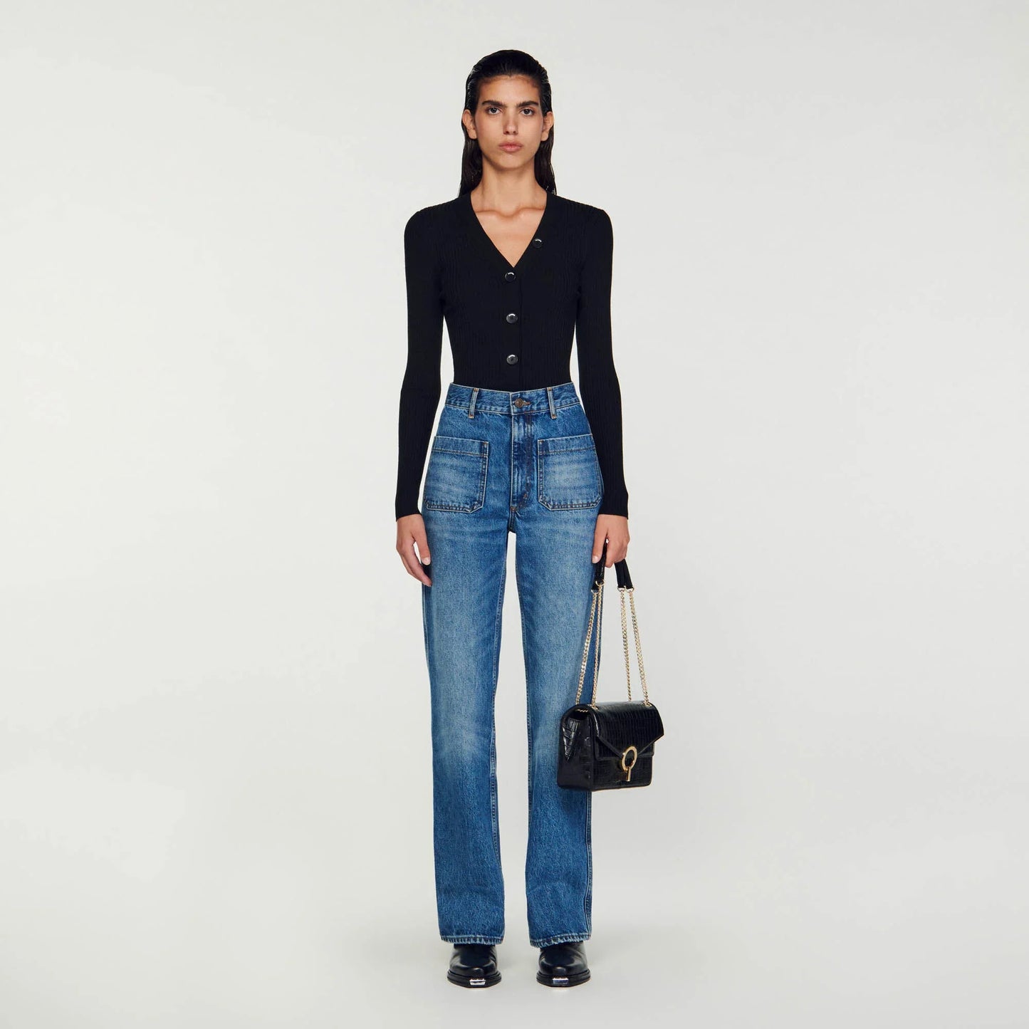 Fine Ribbed Knit Cardigan Black