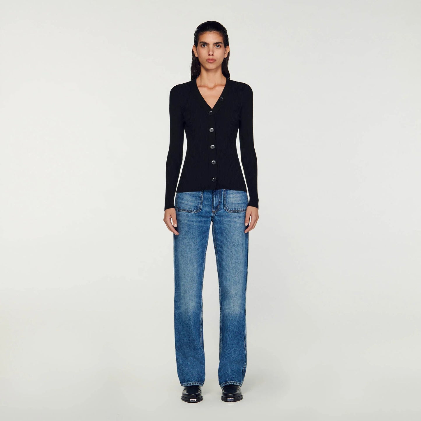 Fine Ribbed Knit Cardigan Black