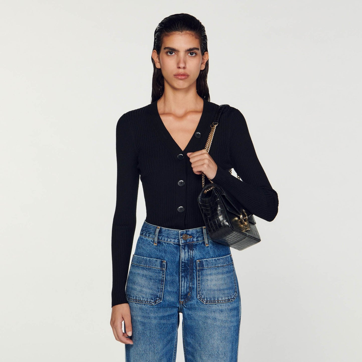 Fine Ribbed Knit Cardigan Black