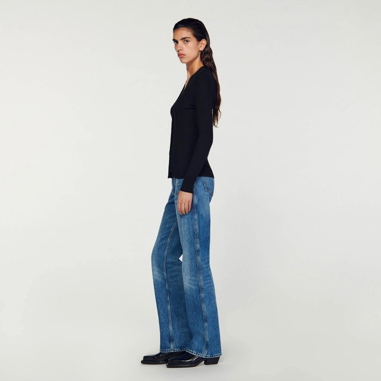 Fine Ribbed Knit Cardigan Black