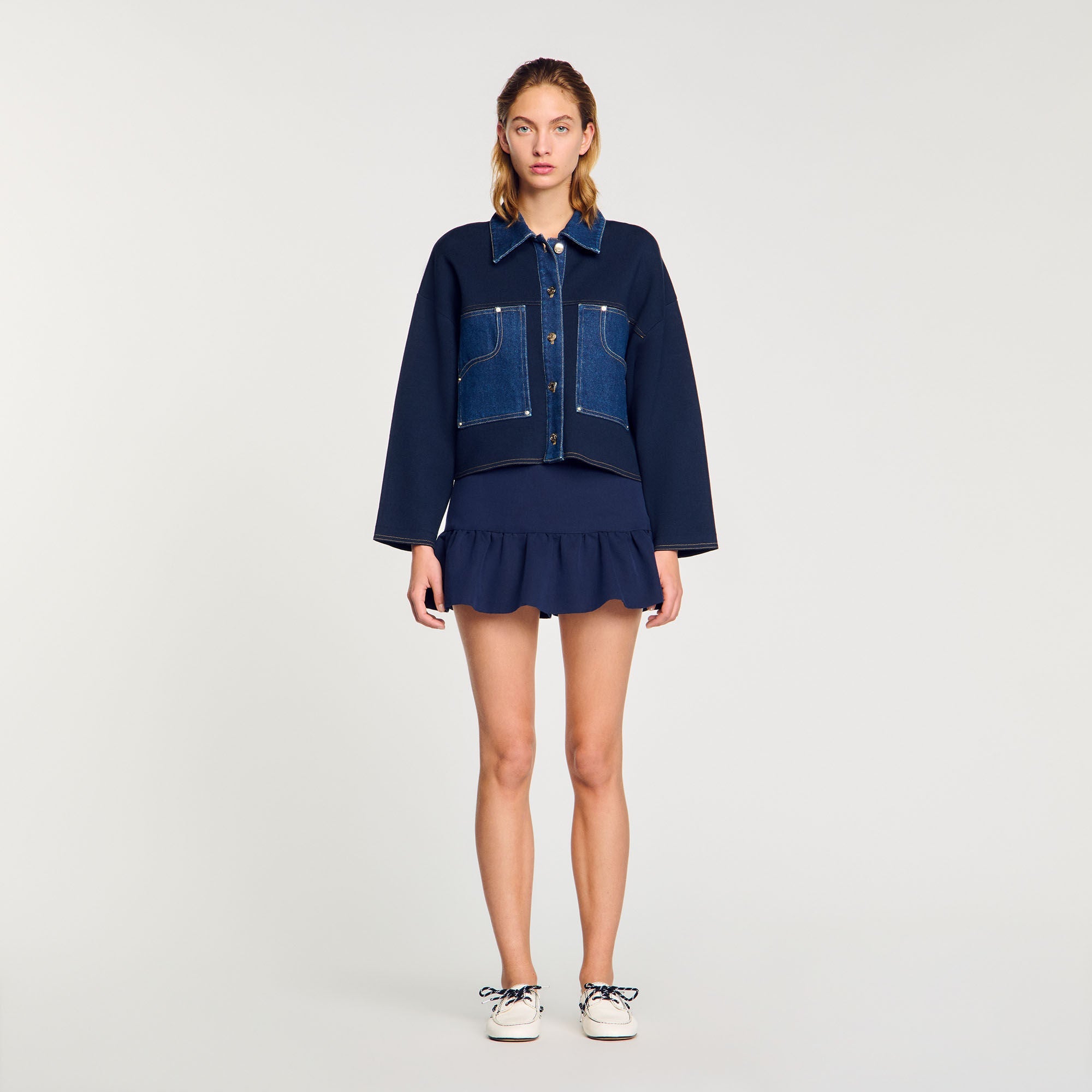 Denim Detail Cardigan Navy Blue