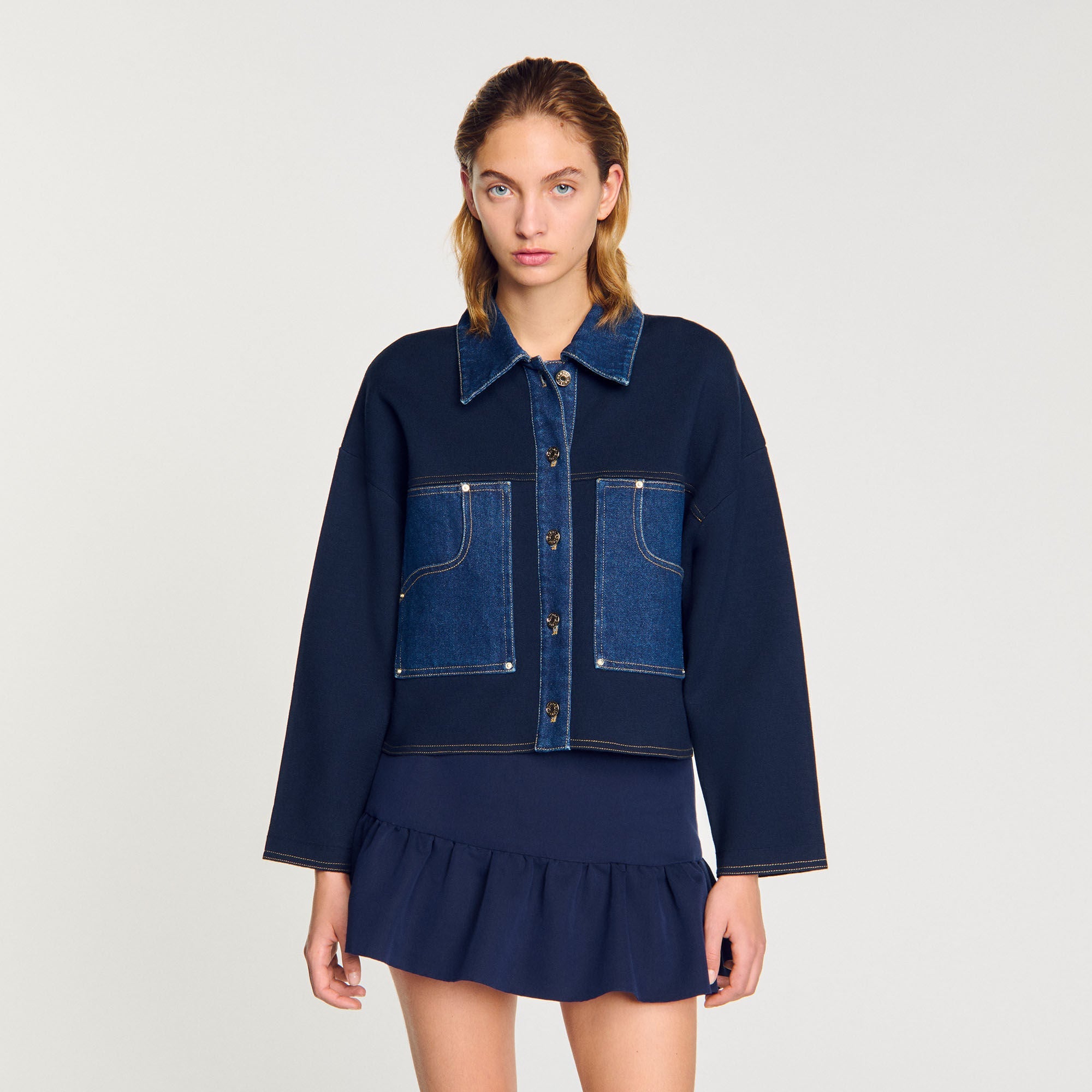Denim Detail Cardigan Navy Blue