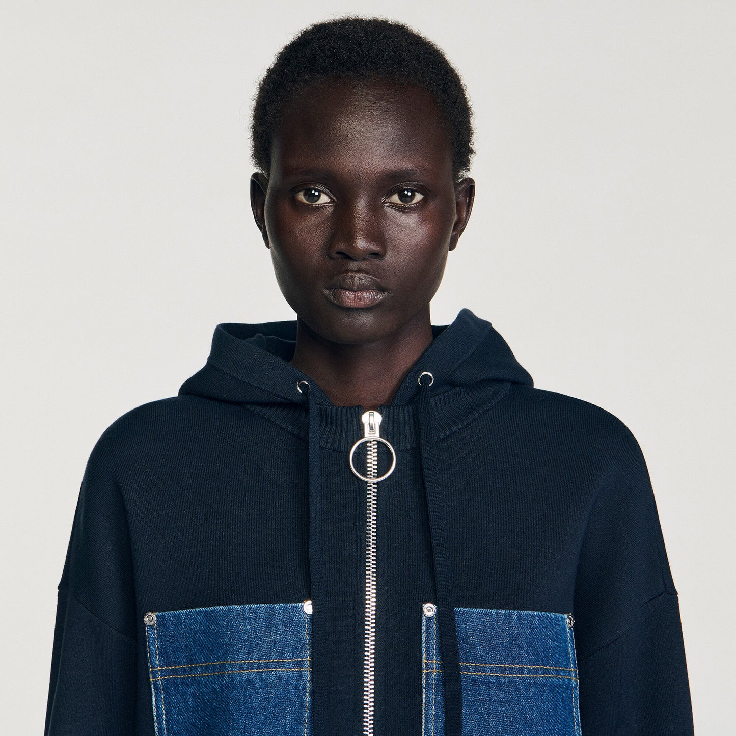 Adriane Knit And Denim Sweatshirt Navy Blue