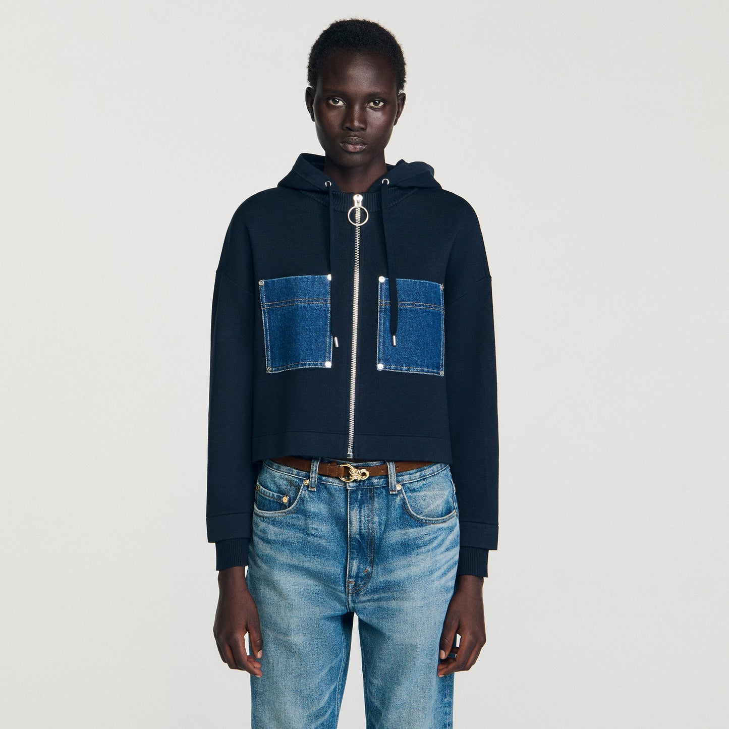 Adriane Knit And Denim Sweatshirt Navy Blue