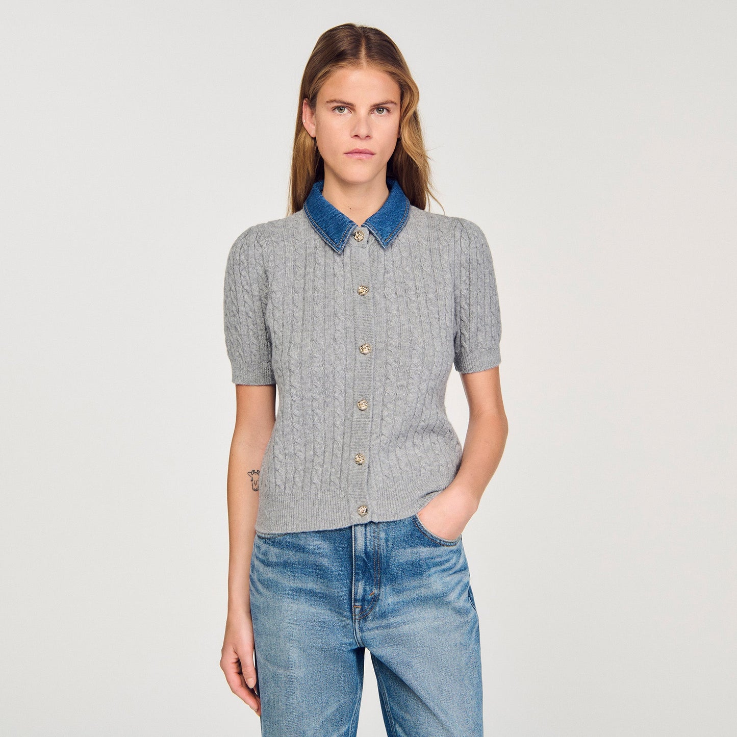 Mado Cardigan With Denim Collar Grey