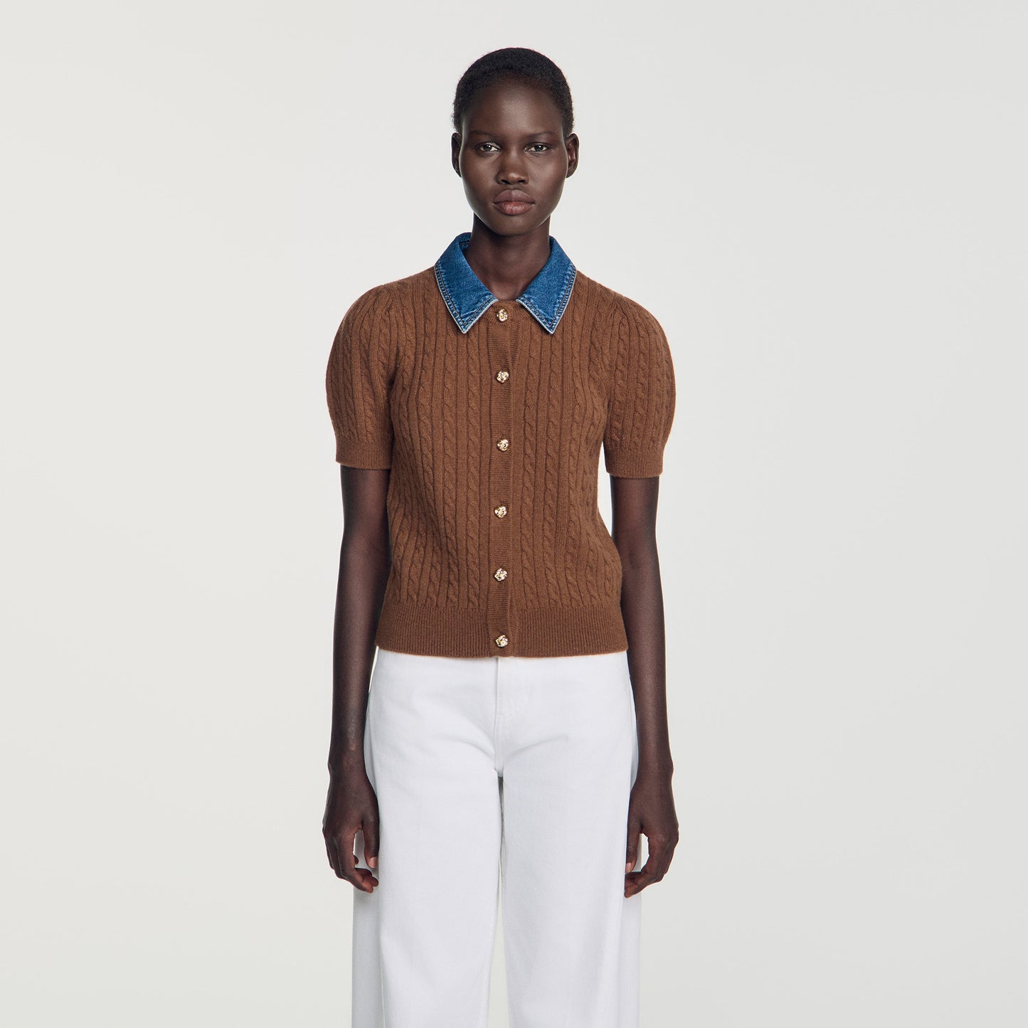 Mado Cardigan with denim collar Brown