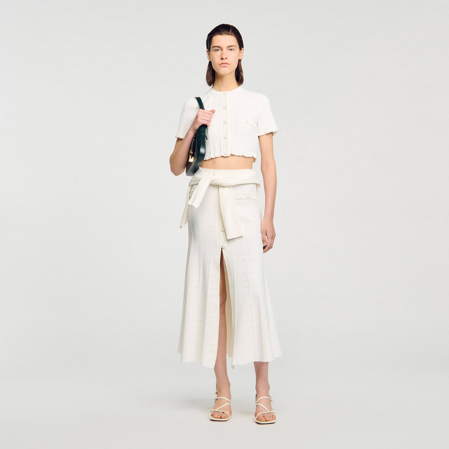 Nice Cropped Pointelle Knit Cardigan Ecru
