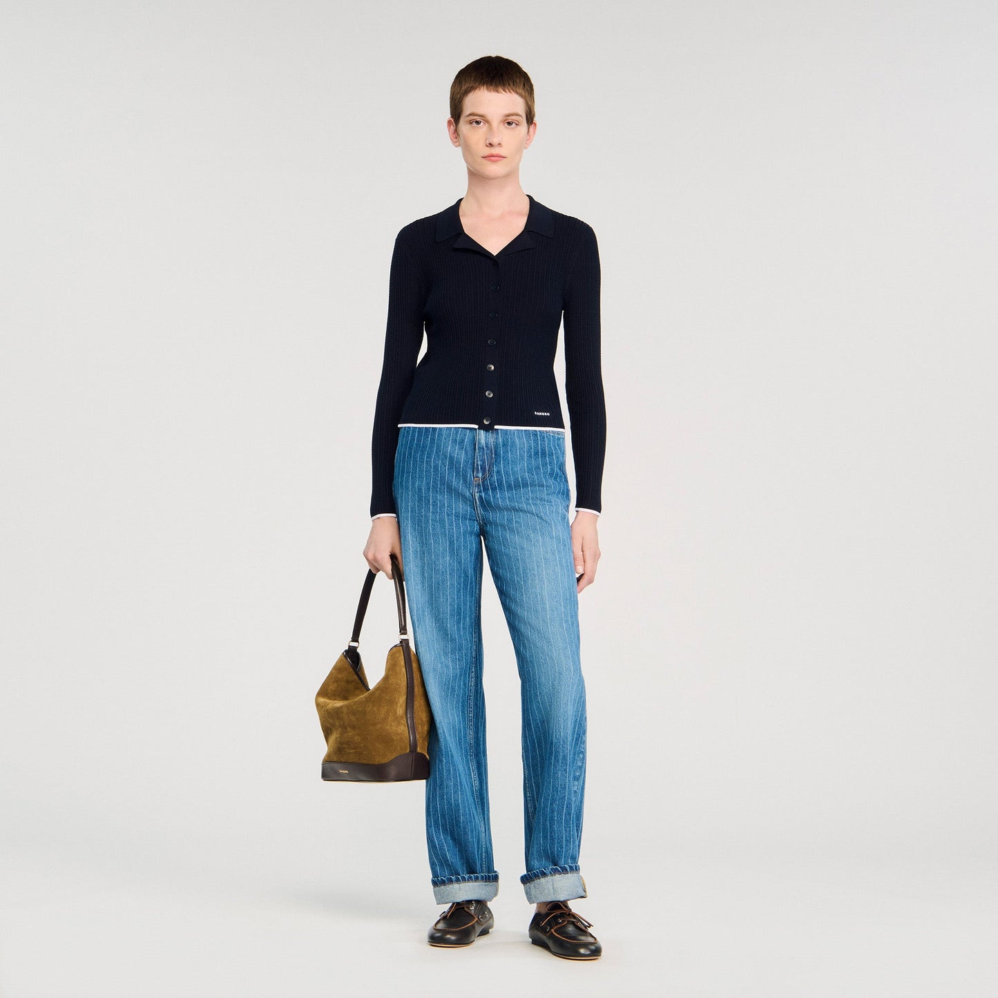 Gautier Cropped Polo Collar Cardigan Navy Blue