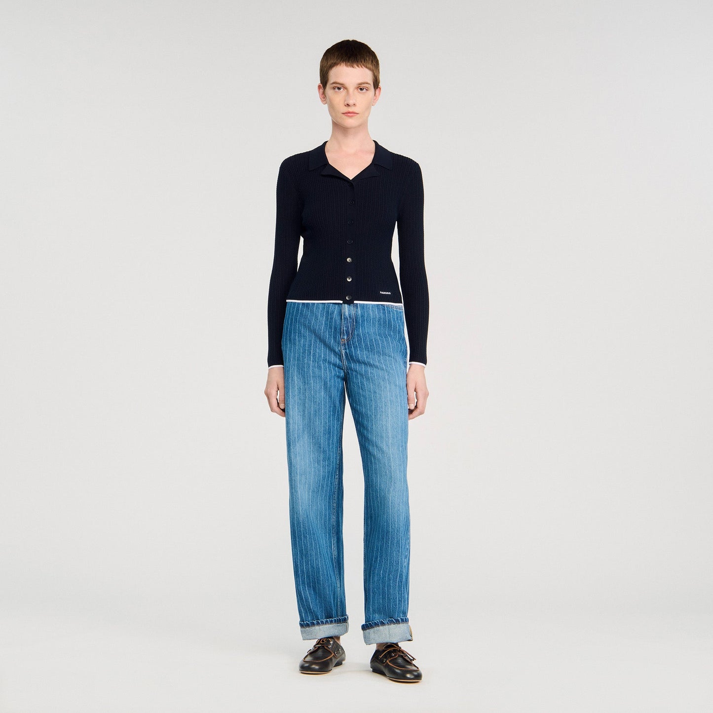 Gautier Cropped Polo Collar Cardigan Navy Blue