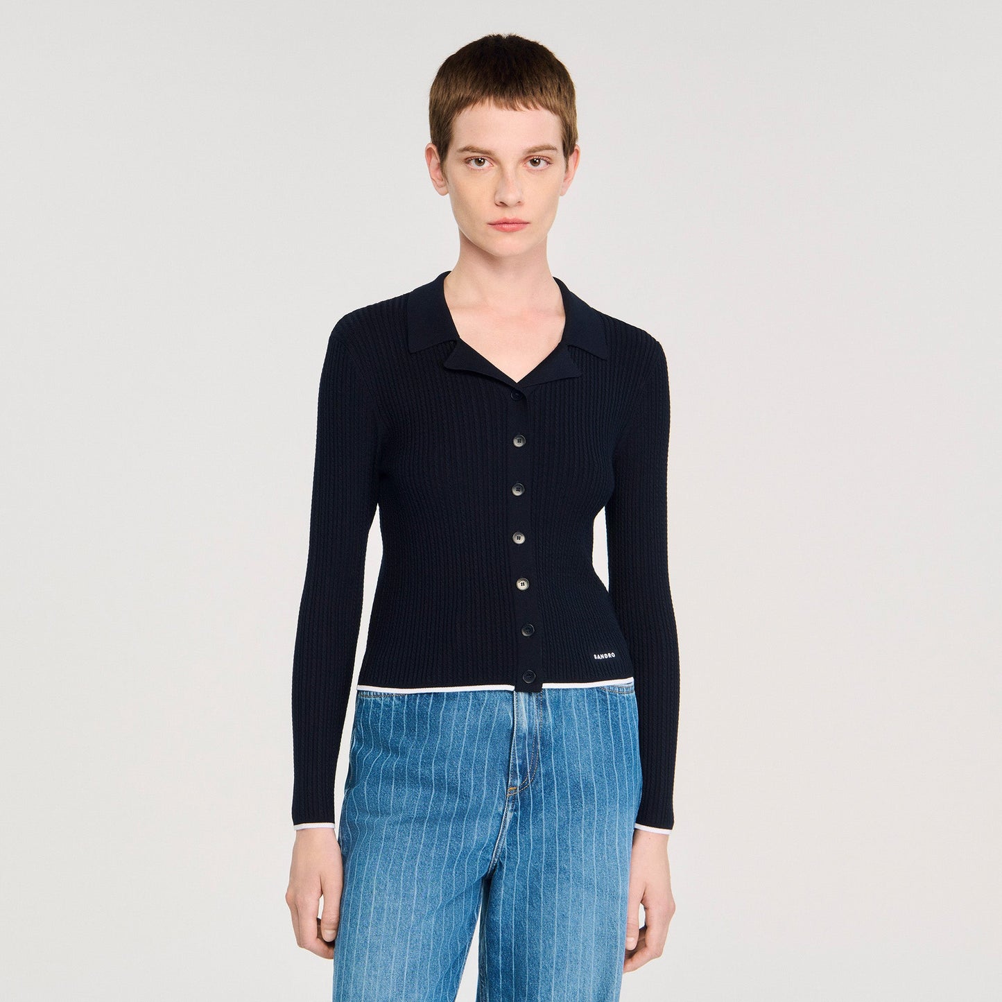 Gautier Cropped Polo Collar Cardigan Navy Blue