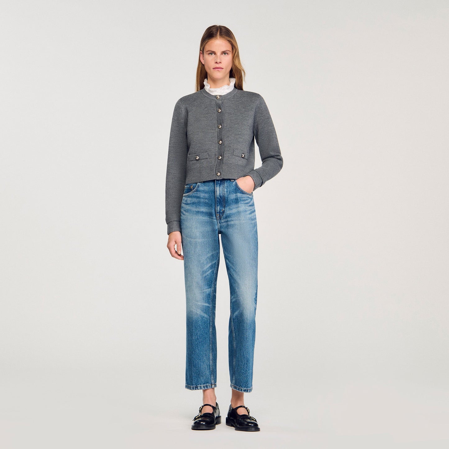 Meuna Cardigan With Ruffle Collar Grey
