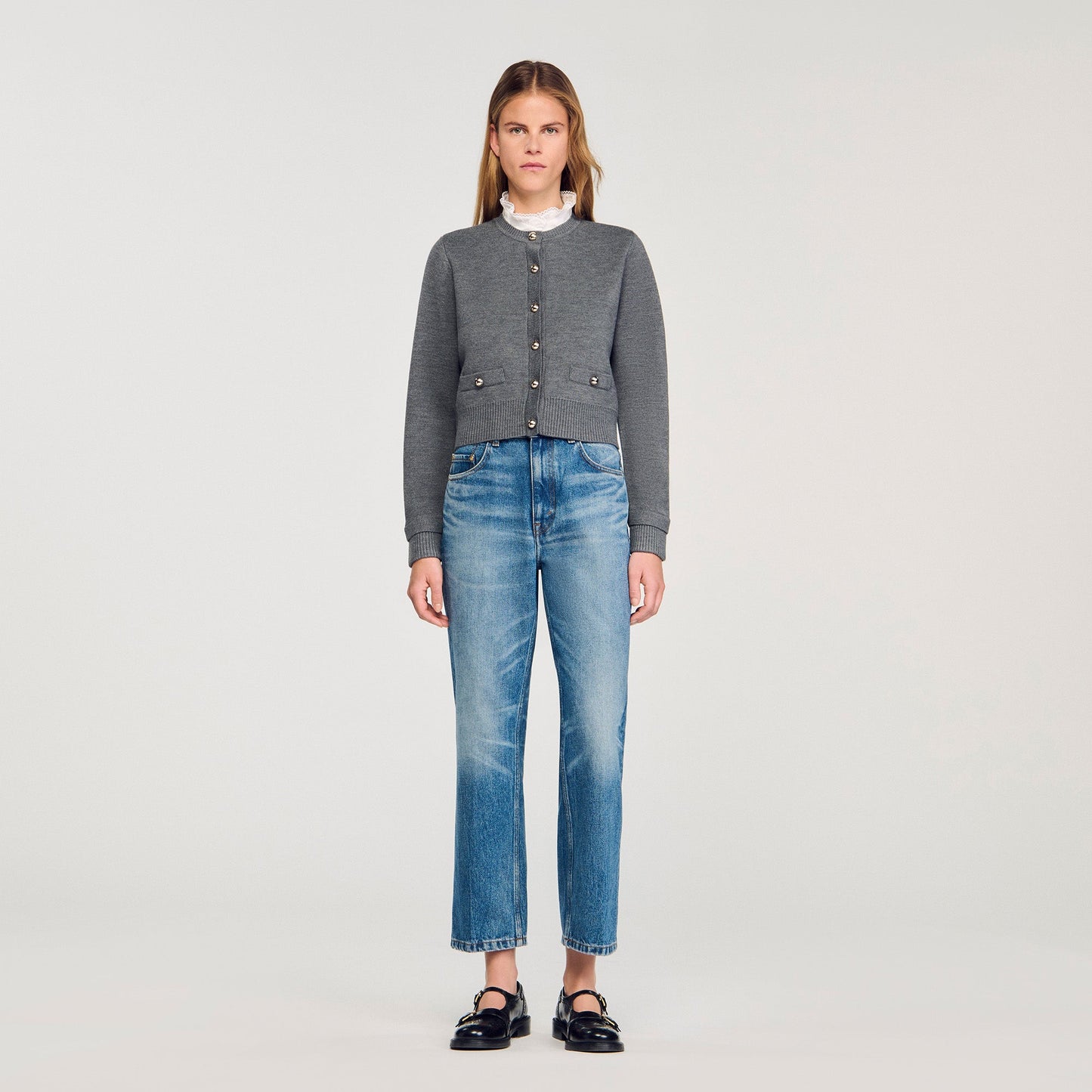 Meuna Cardigan With Ruffle Collar Grey