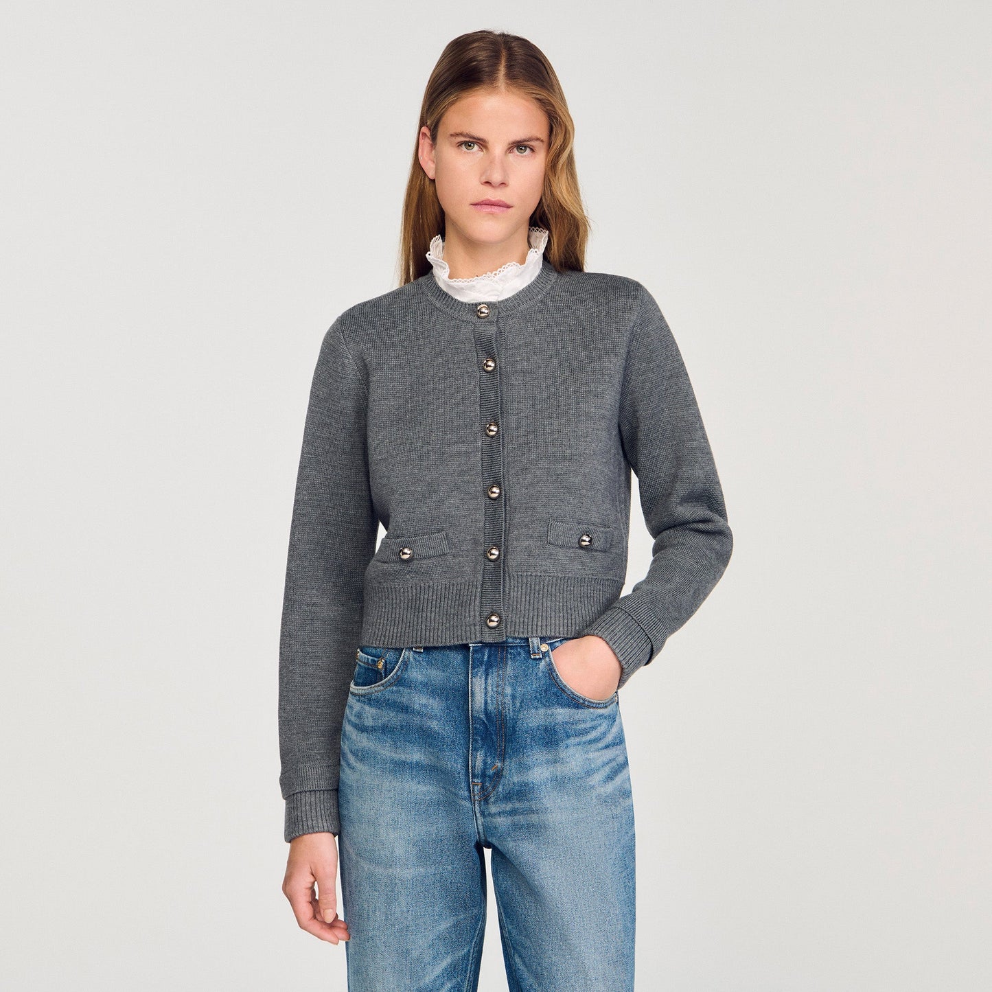 Meuna Cardigan With Ruffle Collar Grey