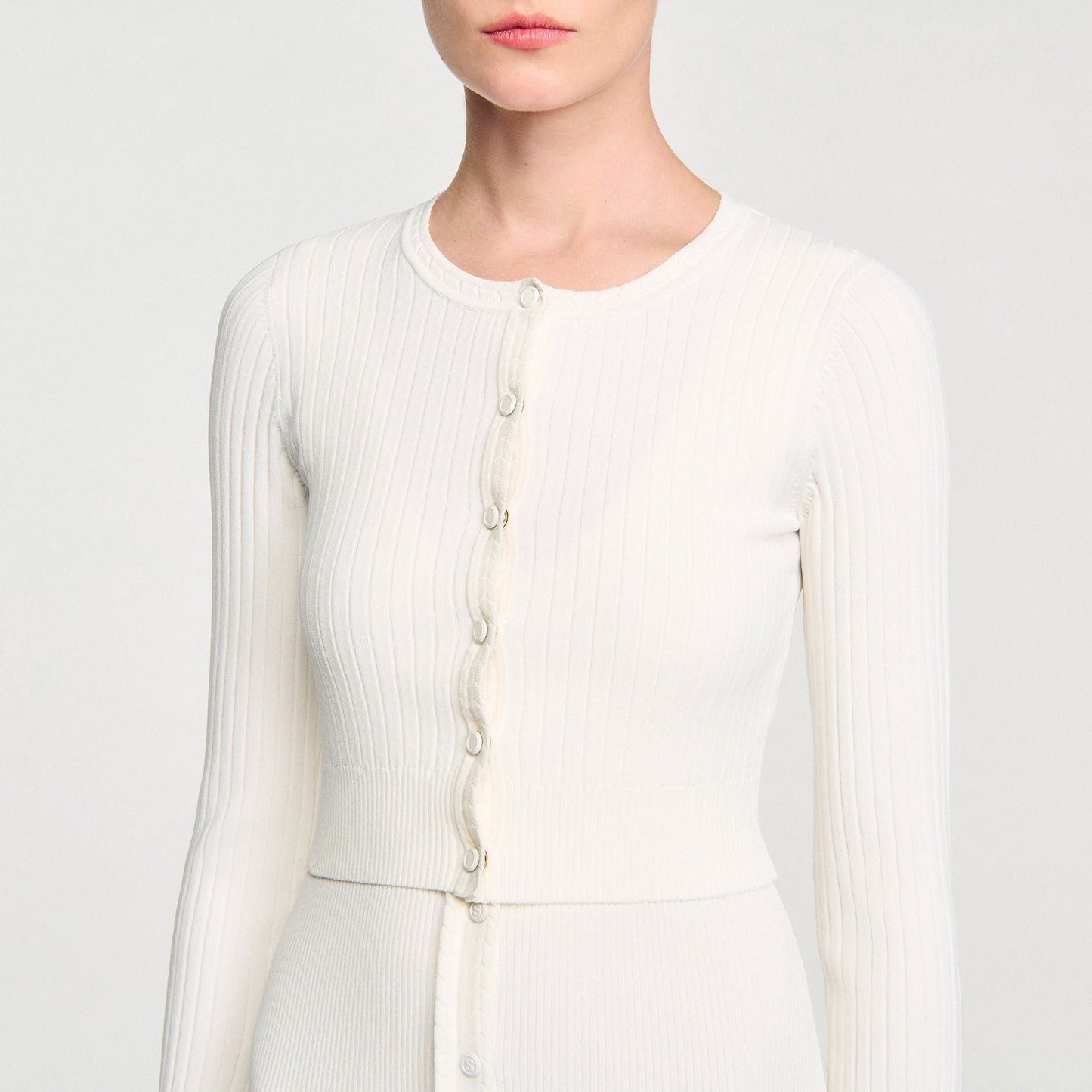 Cropped Rib Knit Cardigan Ecru