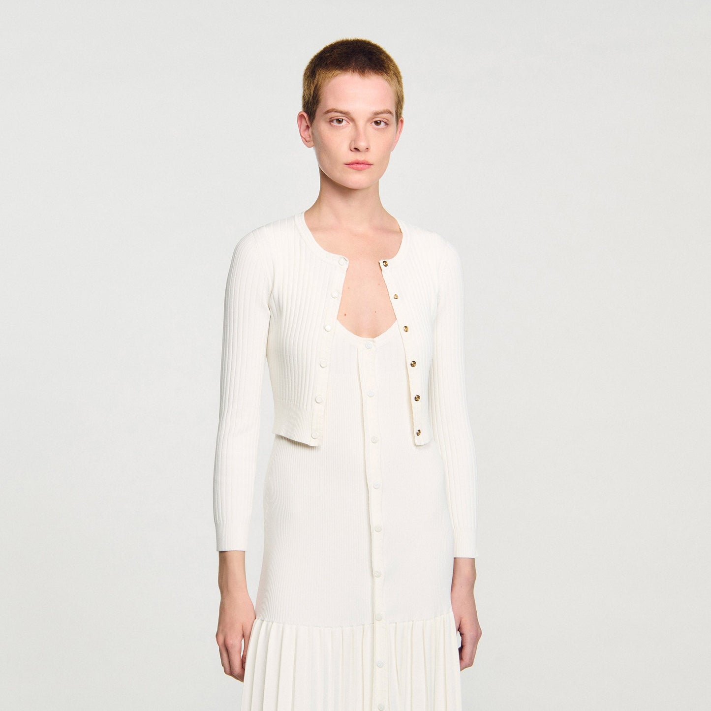 Cropped Rib Knit Cardigan Ecru