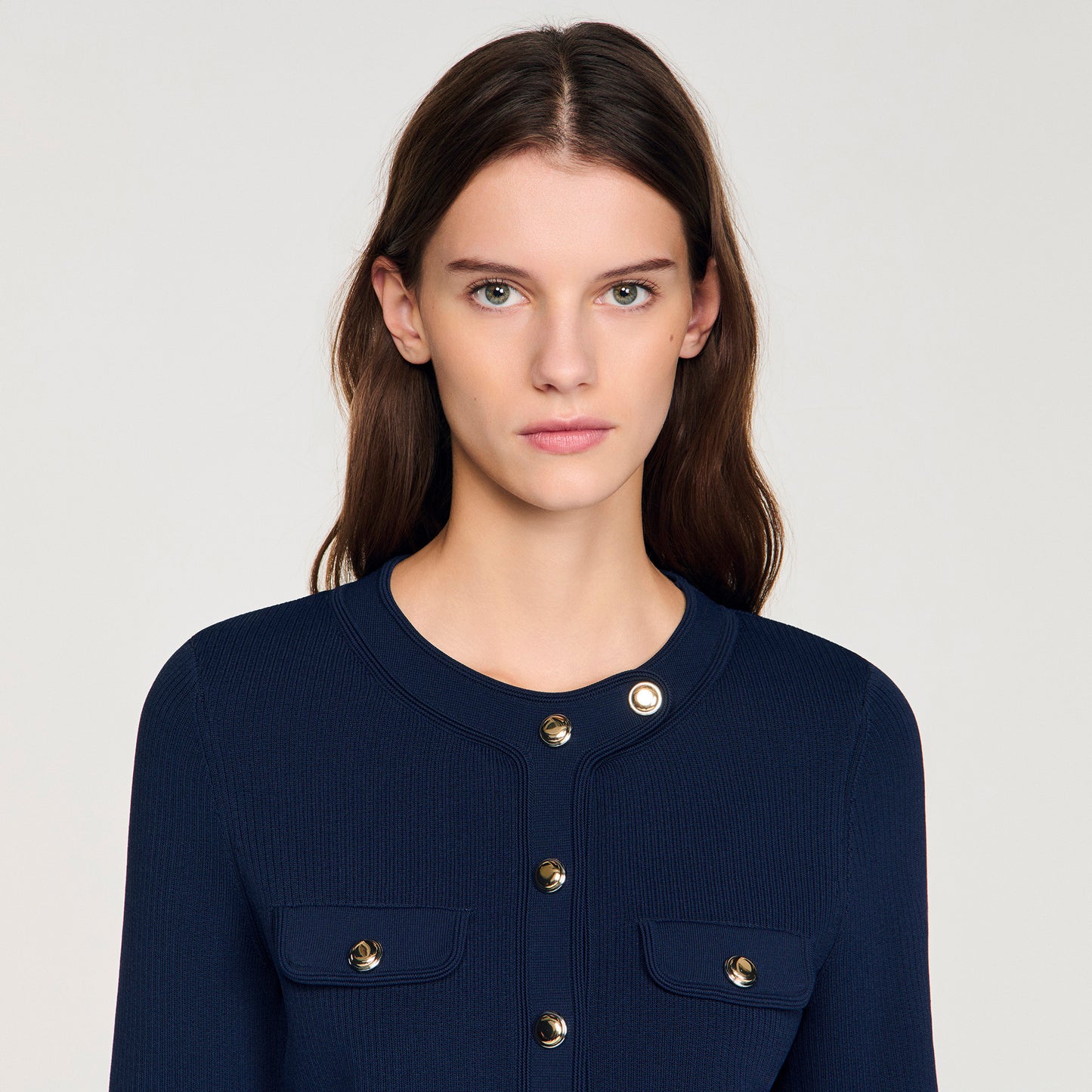 Claudie Cropped Rib Knit Cardigan Navy Blue