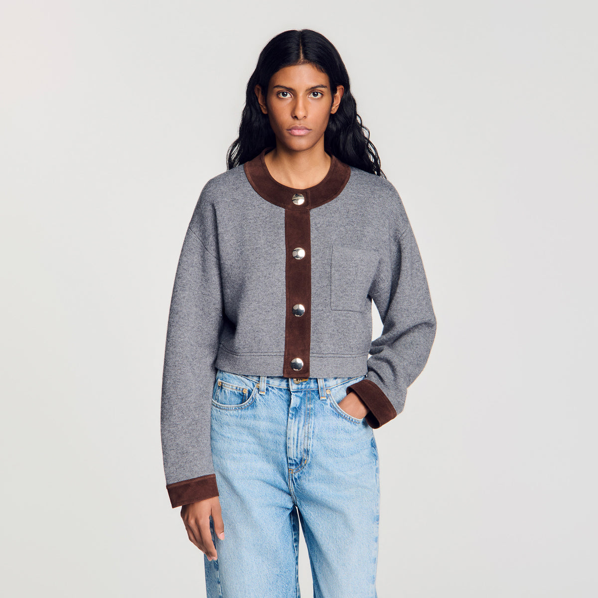 Parker Cardigan with suede panels Grey