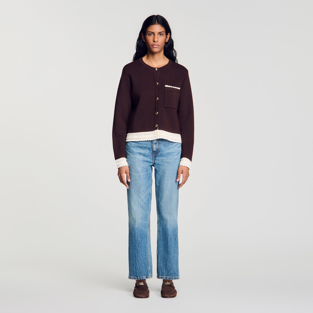 Candide Cardigan with contrast lace Brown
