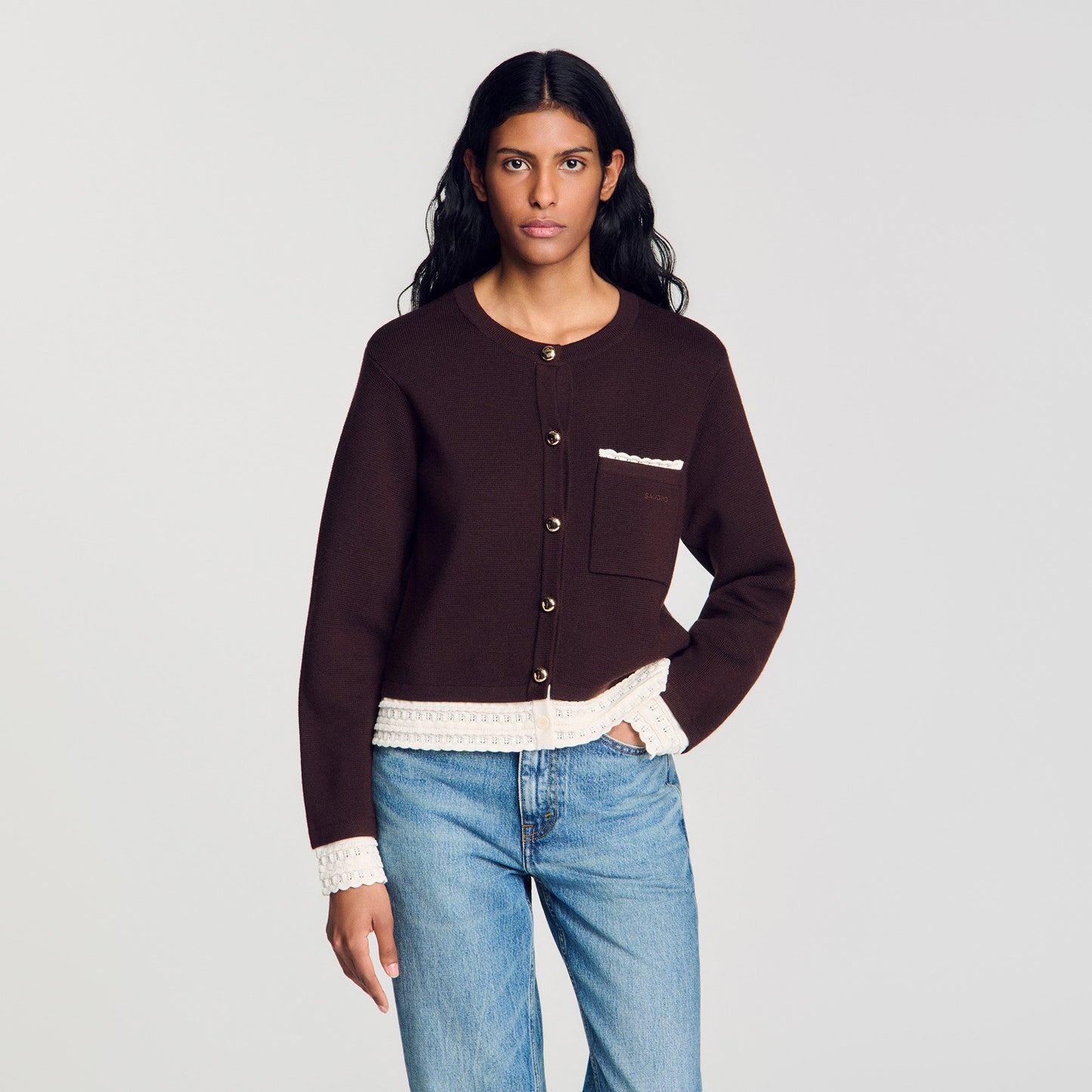 Candide Cardigan with contrast lace Brown
