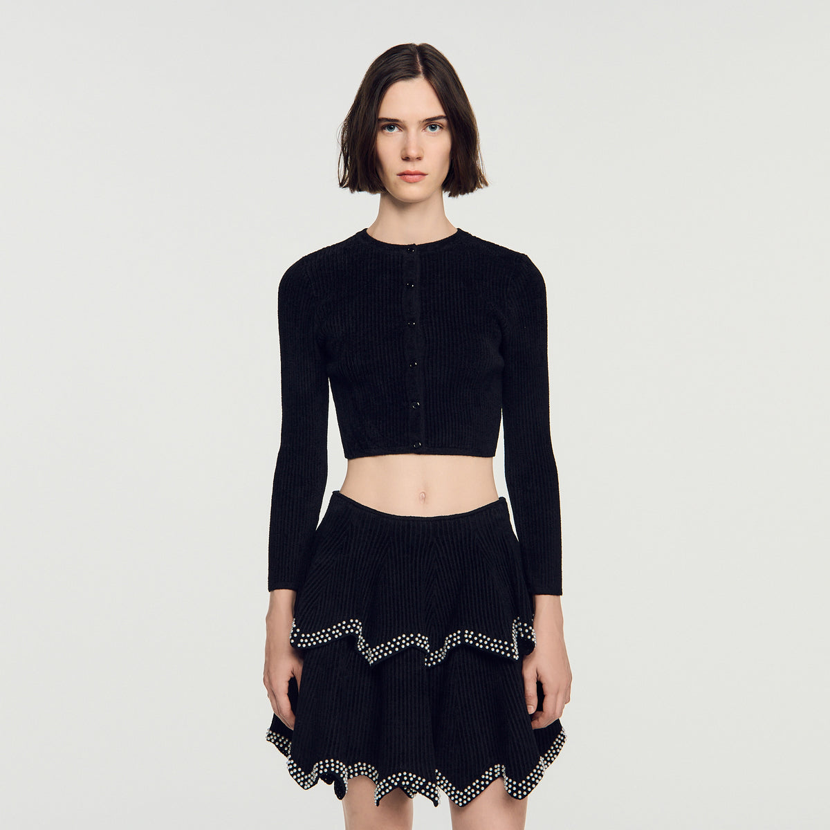 Dove Velvet Knit Cropped Cardigan Black
