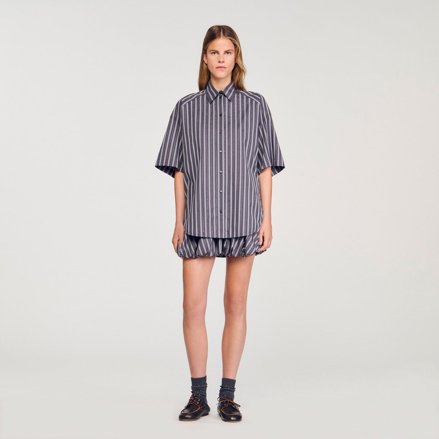 Midnight Oversized Striped Rhinestone Shirt Grey