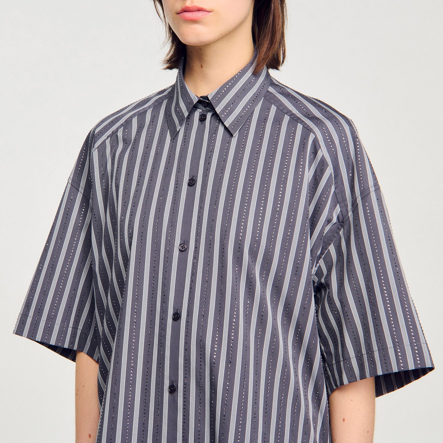 Midnight Oversized Striped Rhinestone Shirt Grey