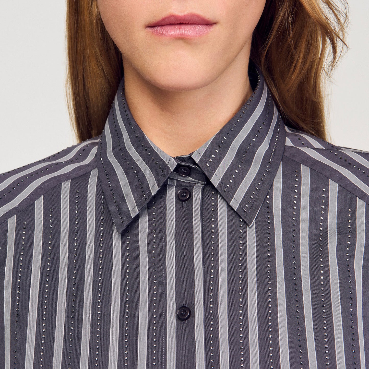 Midnight Oversized Striped Rhinestone Shirt Grey