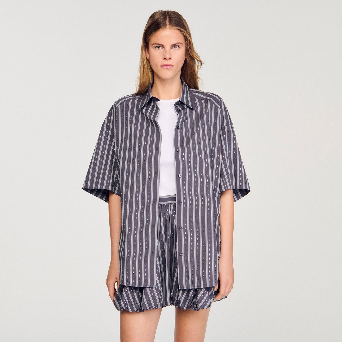 Midnight Oversized Striped Rhinestone Shirt Grey