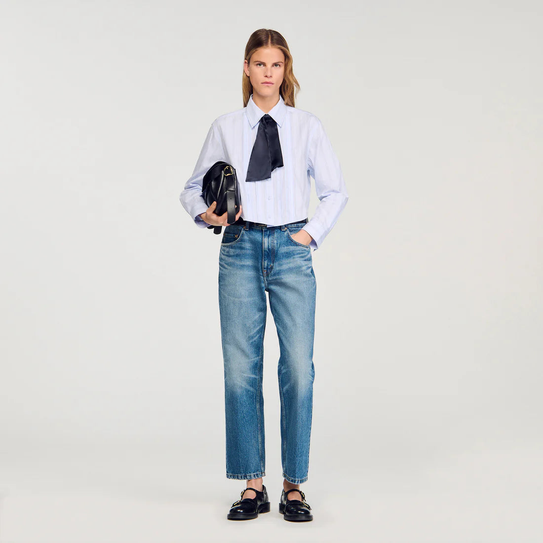 Marissa Cropped Shirt With Removable Tie Sky Blue