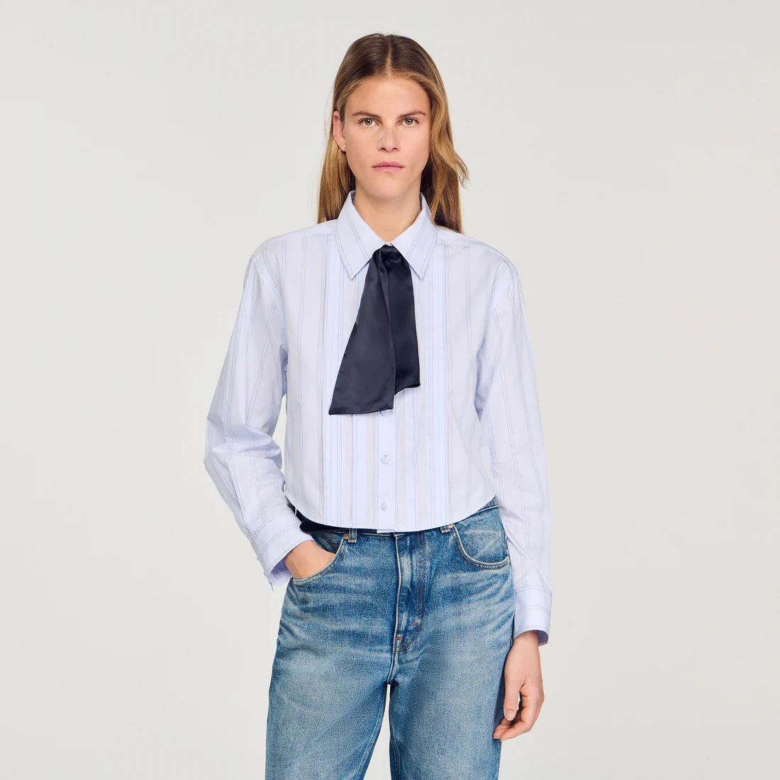 Marissa Cropped Shirt With Removable Tie Sky Blue