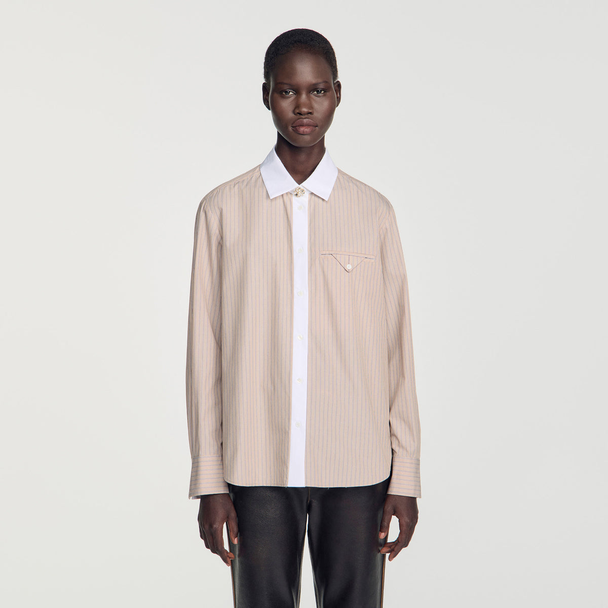 Natalya Striped shirt with contrast collar Beige