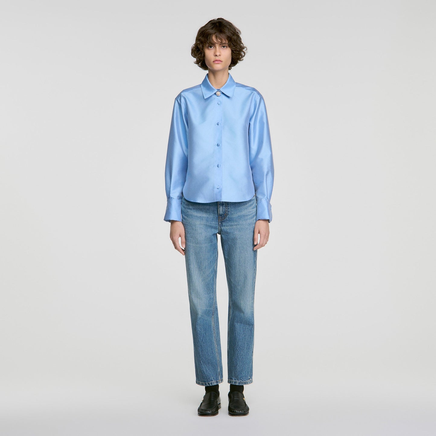 Suzanne Jewellery detail satin shirt Sky Blue