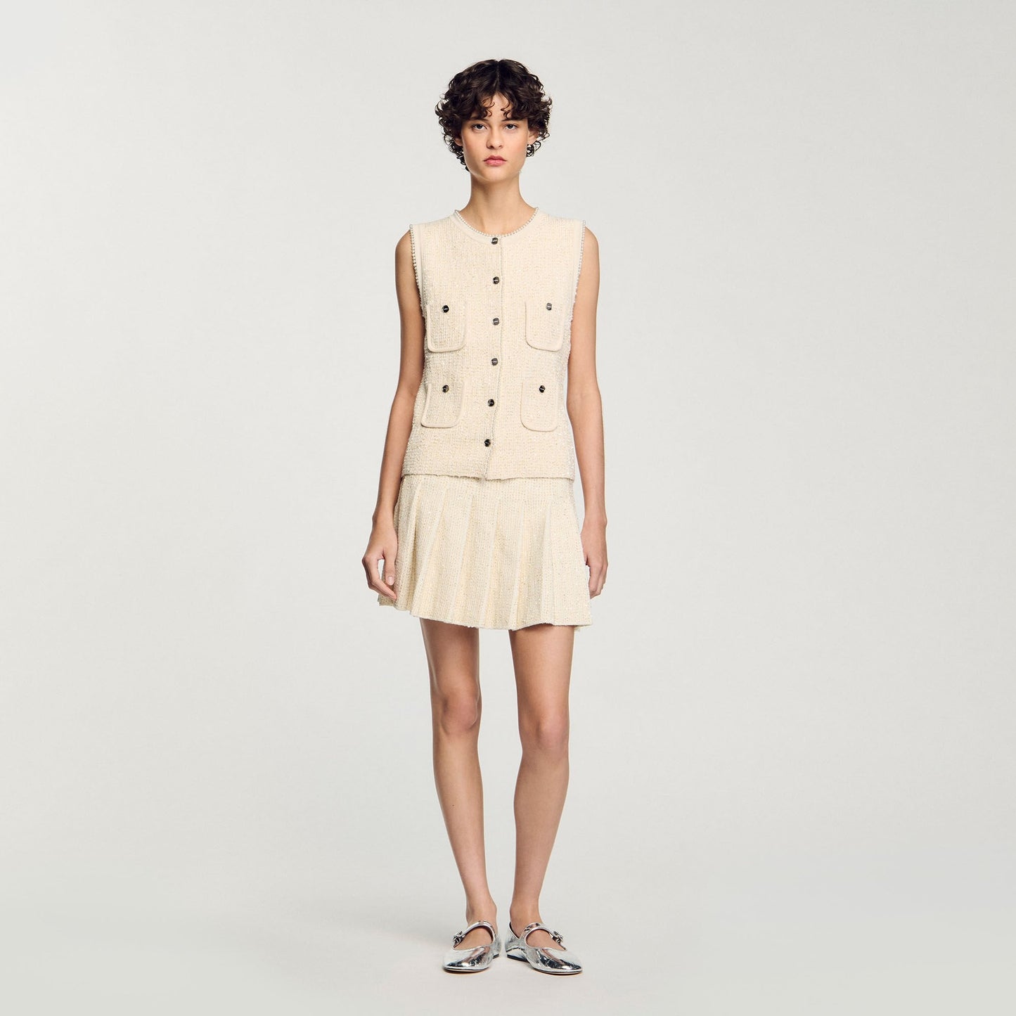 Short Tweed Pleated Skirt Ecru