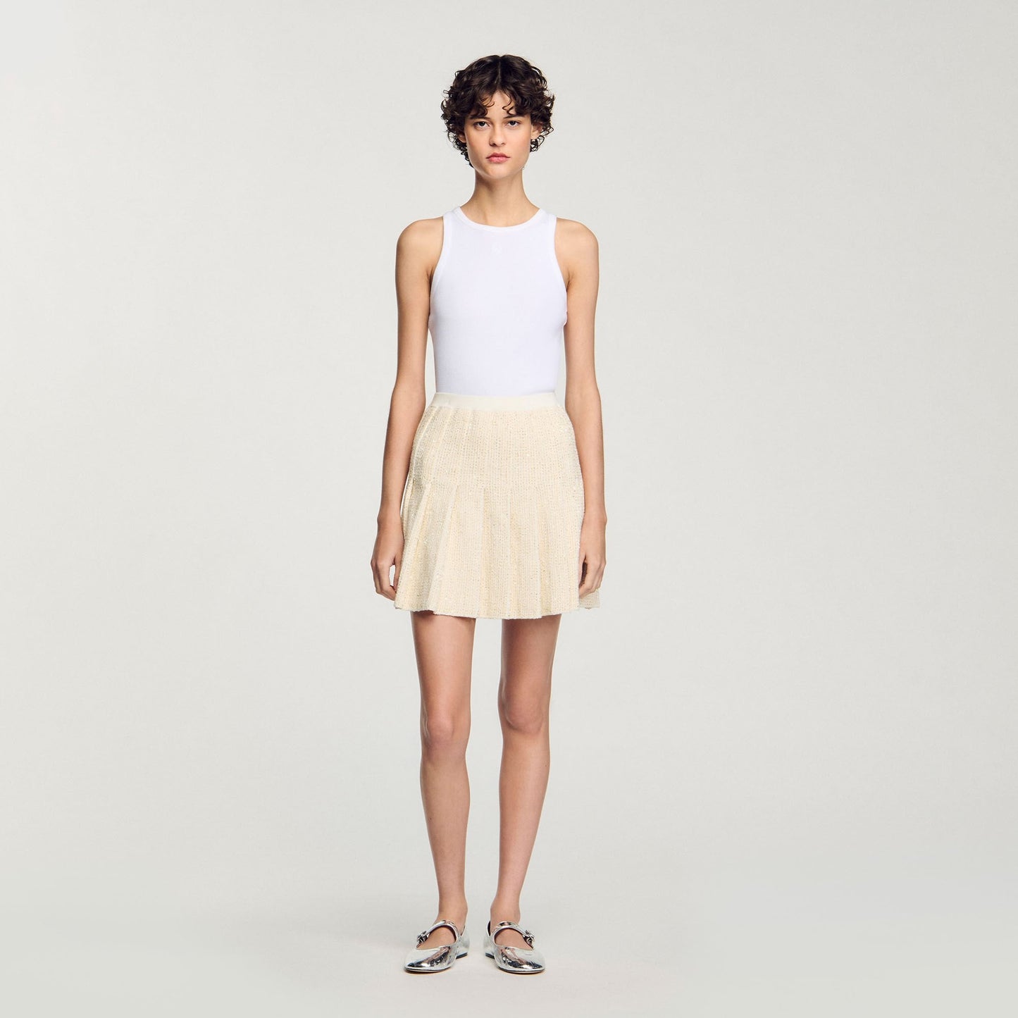 Short Tweed Pleated Skirt Ecru