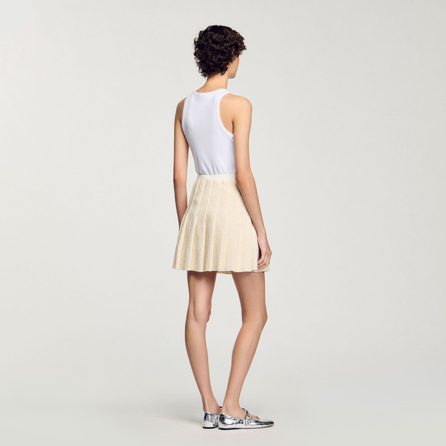 Short Tweed Pleated Skirt Ecru