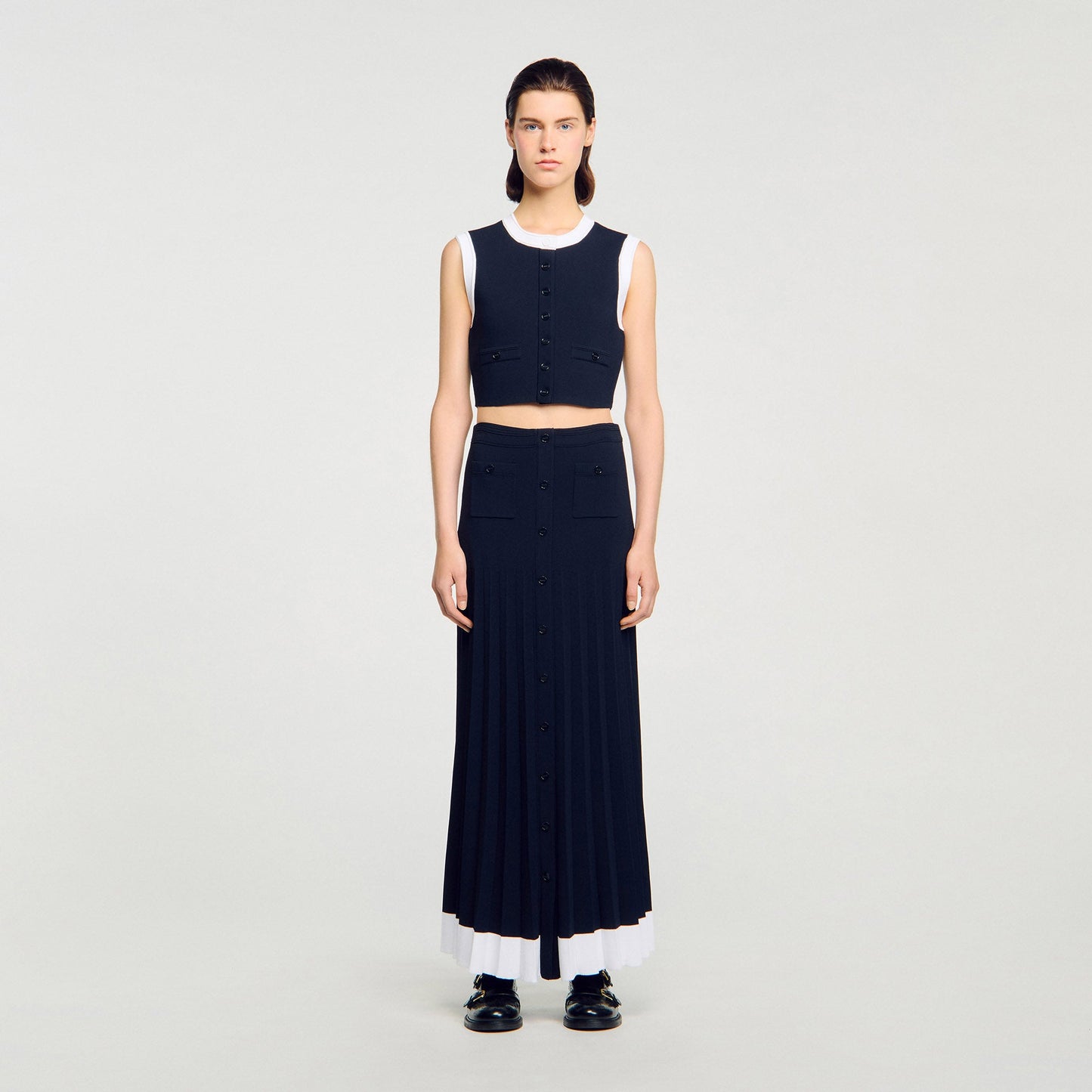 Oceane Long Two-Tone Knit Skirt Navy Blue