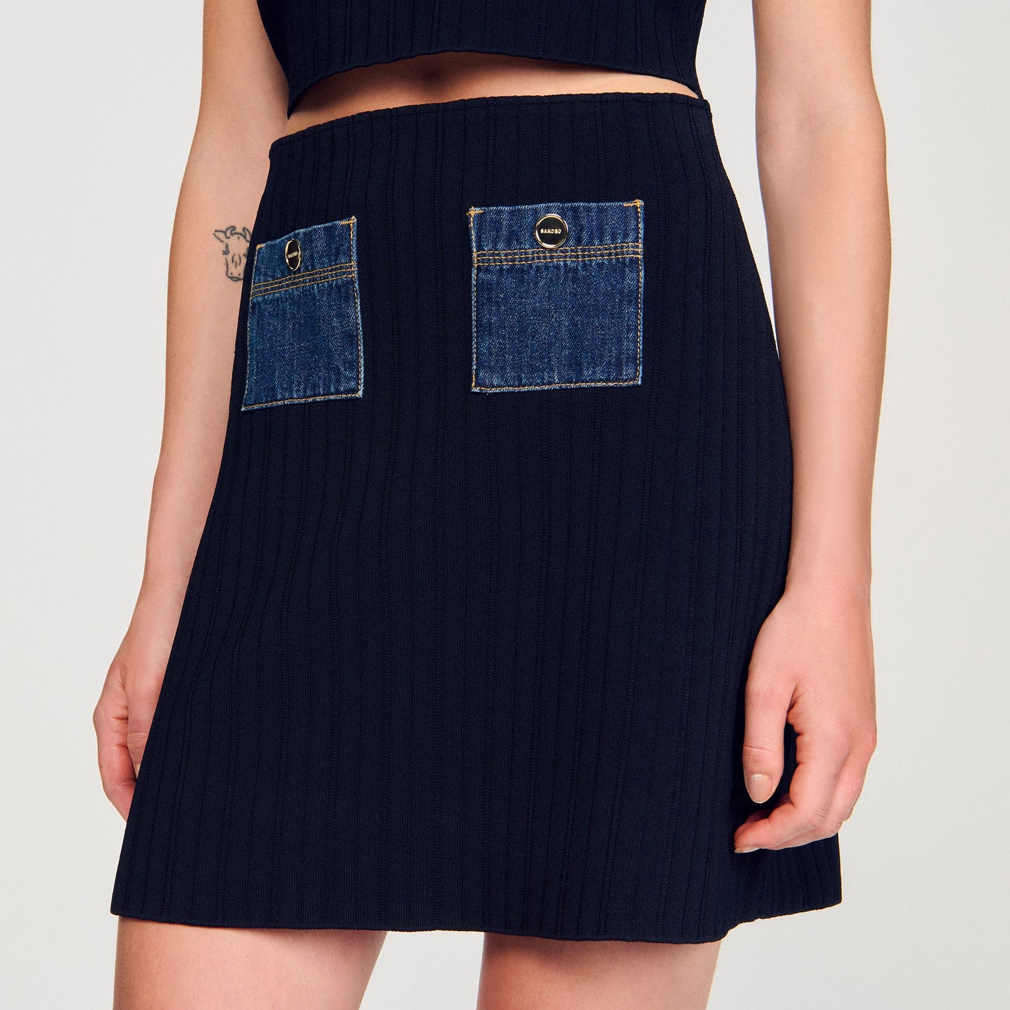 Isolda Short Knit And Denim Skirt Navy Blue