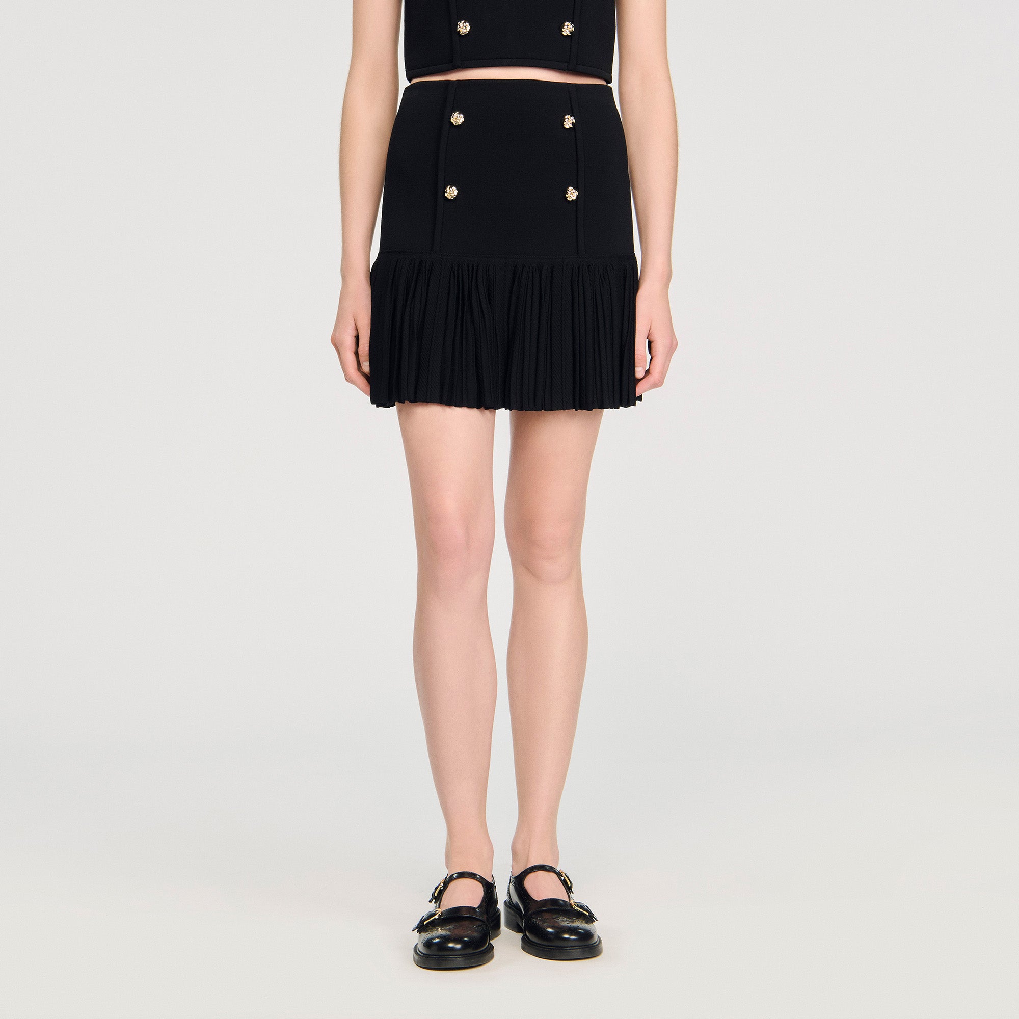 Short Pleated Knit Skirt Black