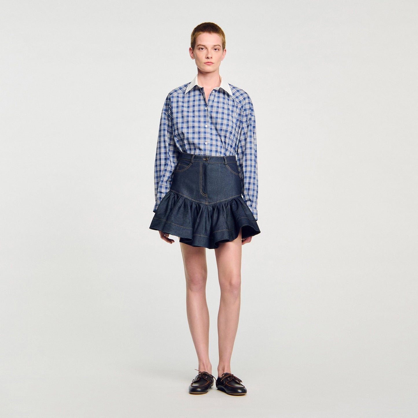 Oreana Short Denim Ruffled Skirt Deep Blu