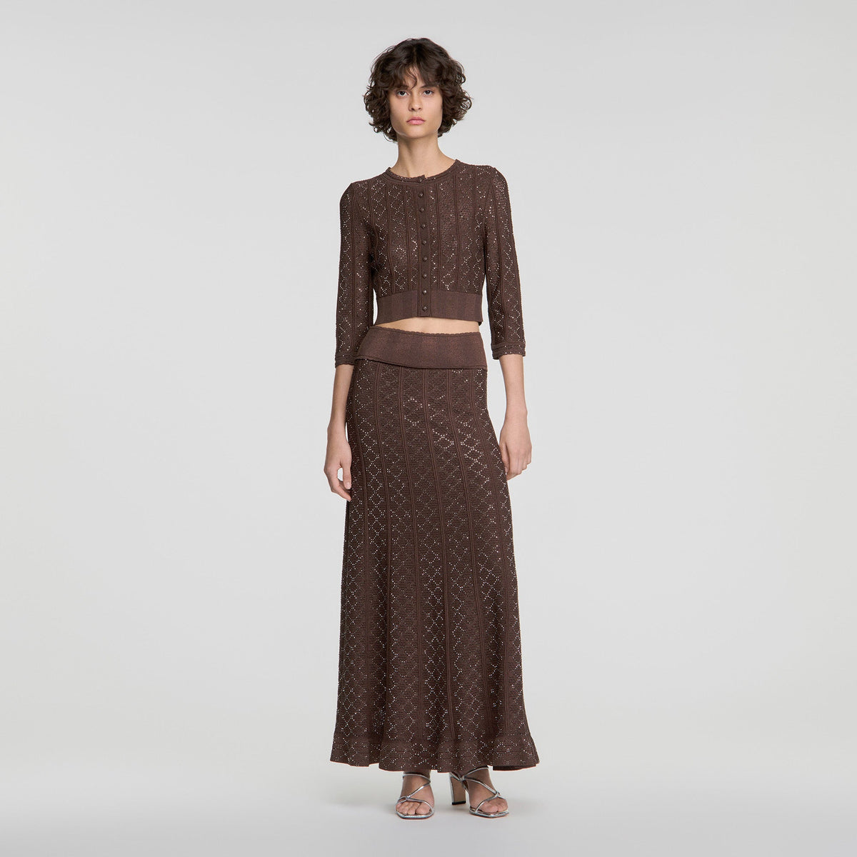 Leslie Long rhinestone knit skirt Brown