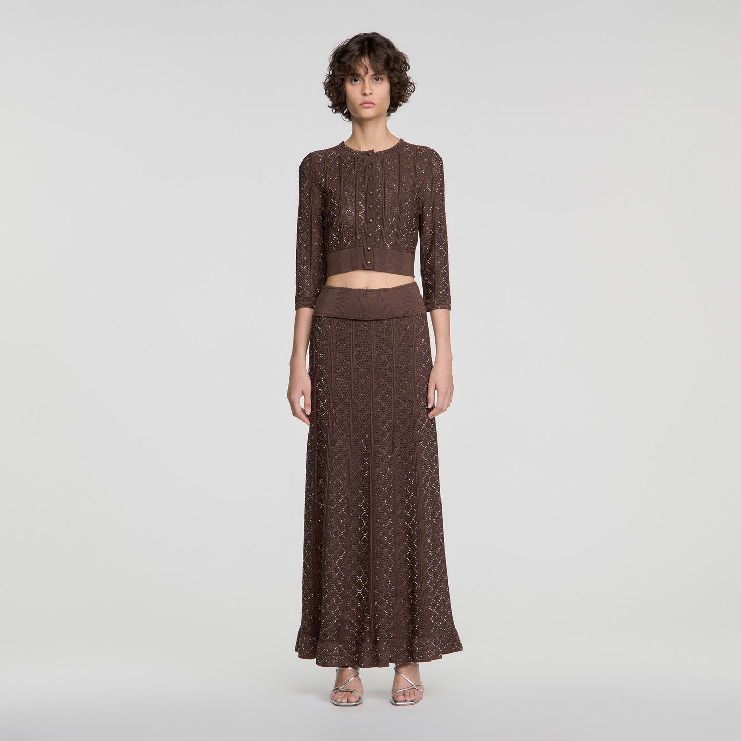 Leslie Long rhinestone knit skirt Brown