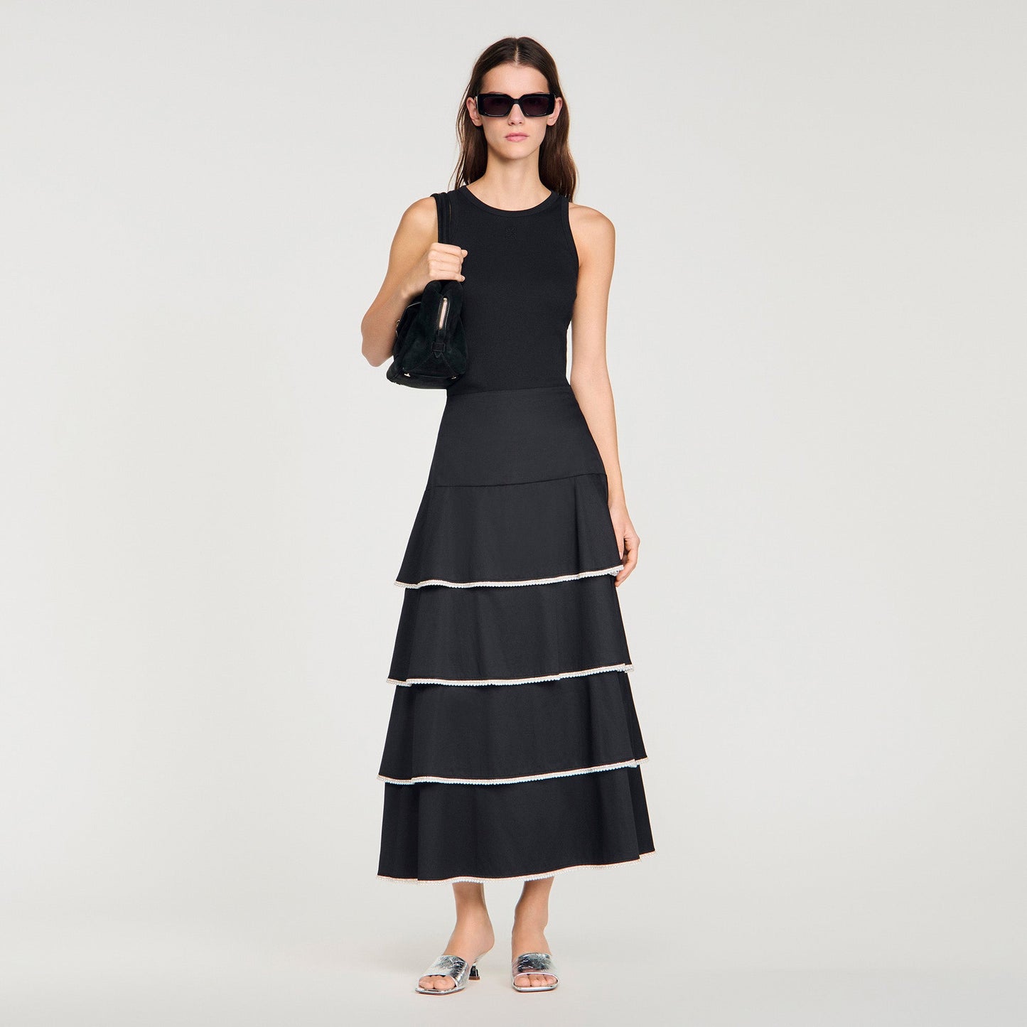 Pulco Long Ruffled Rhinestone Skirt BLACK