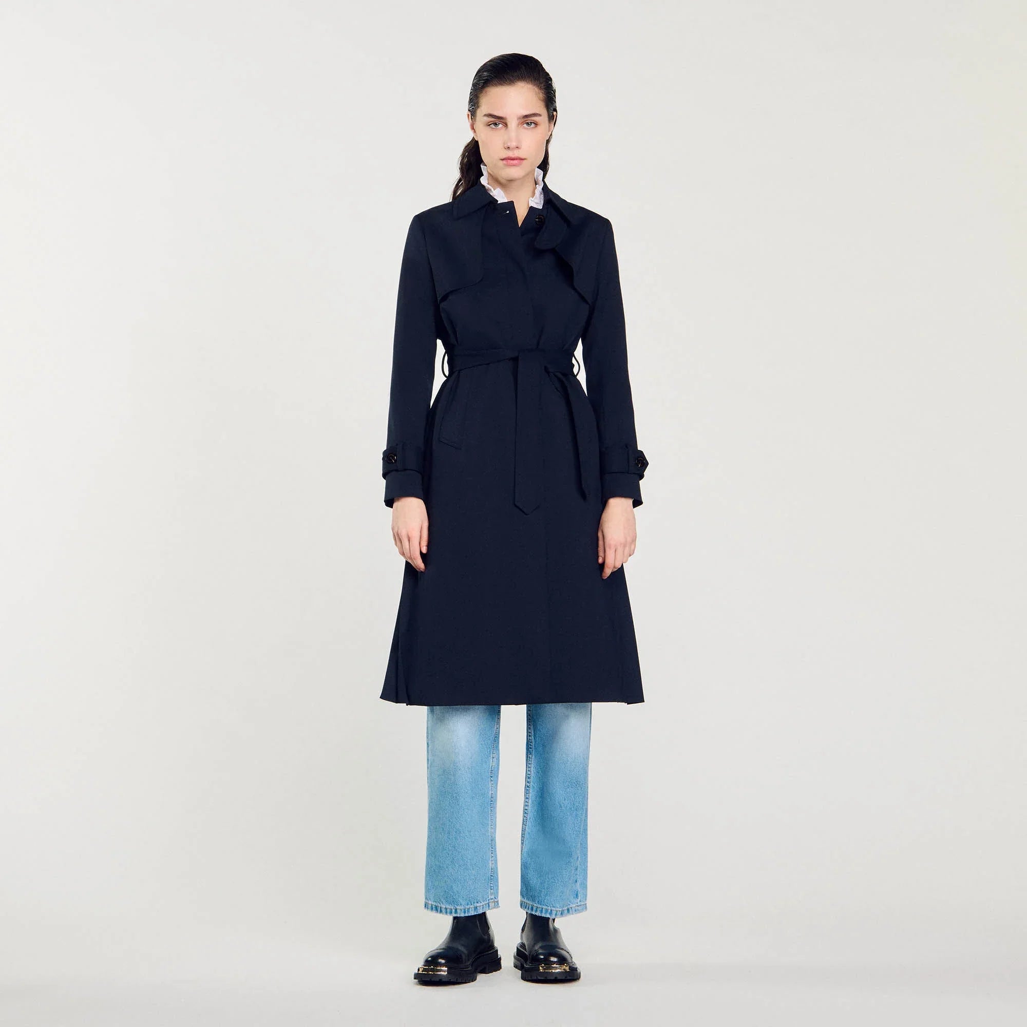 Trench Coat With Pleated Inset Navy Blue