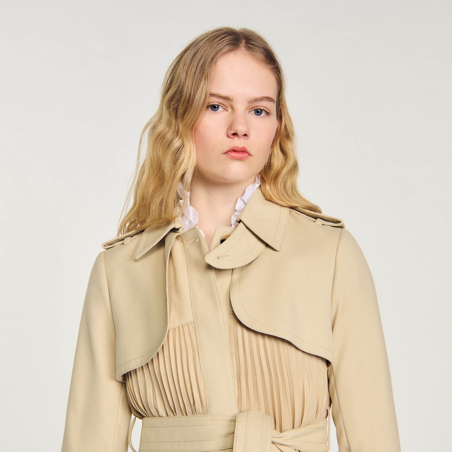 Pleated Trench Coat With Belt Beige