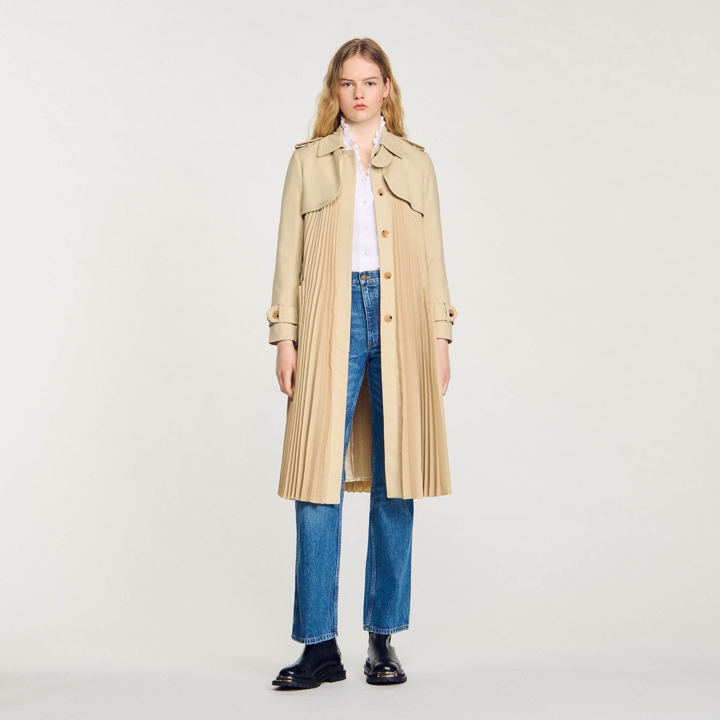 Pleated Trench Coat With Belt Beige