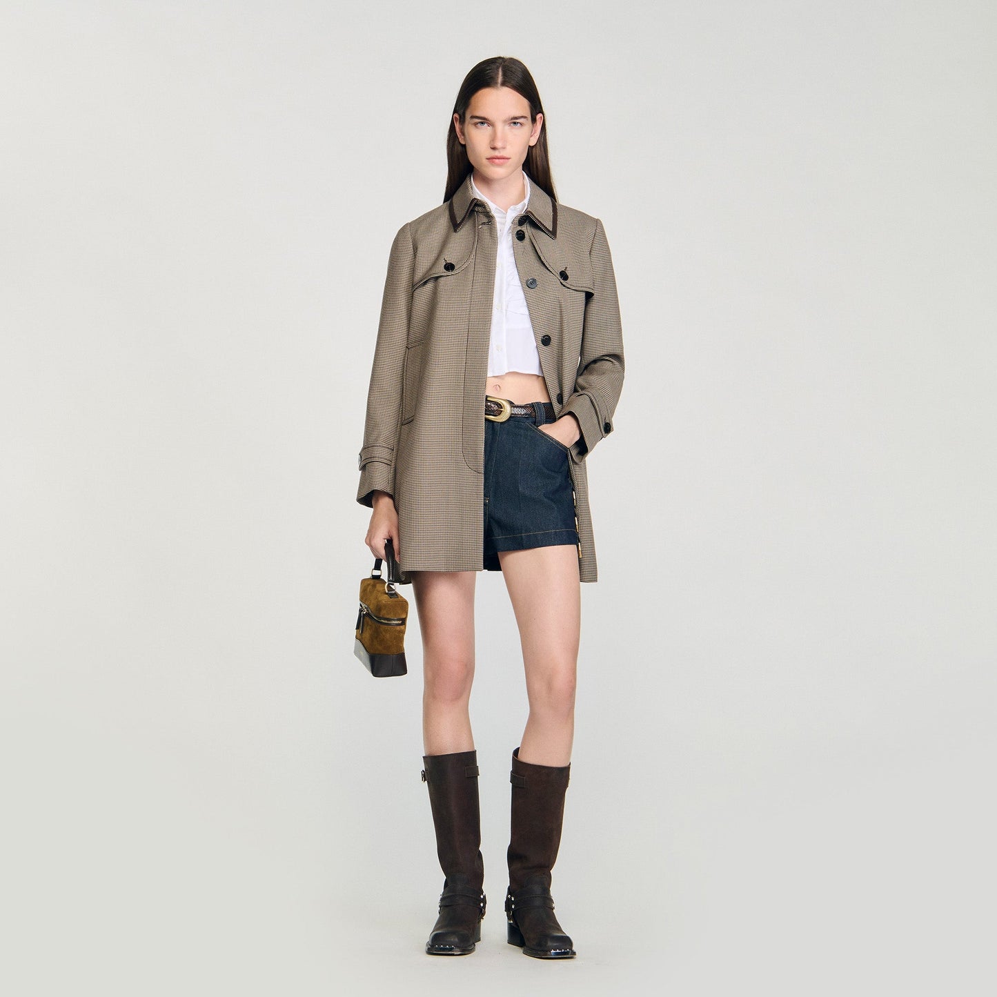 Windsor Houndstooth Trench, Leather Collar Brown / Beige