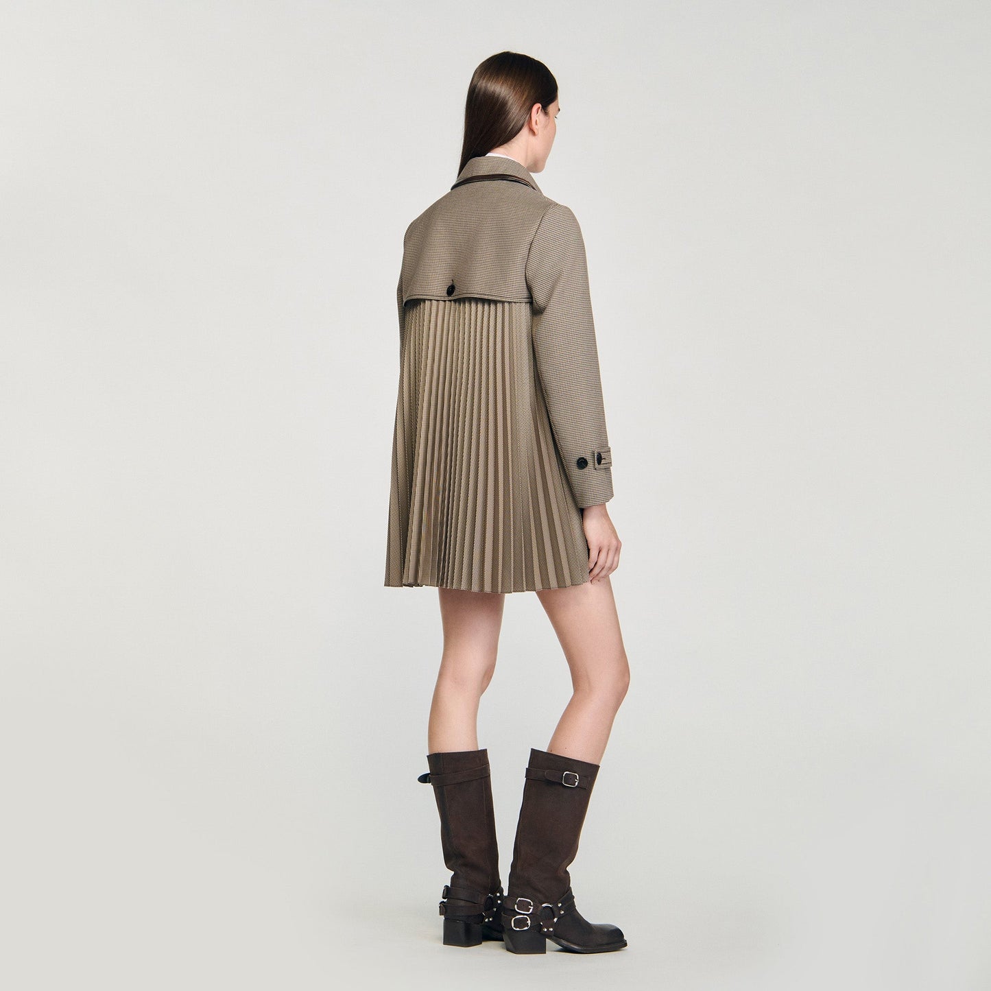 Windsor Houndstooth Trench, Leather Collar Brown / Beige