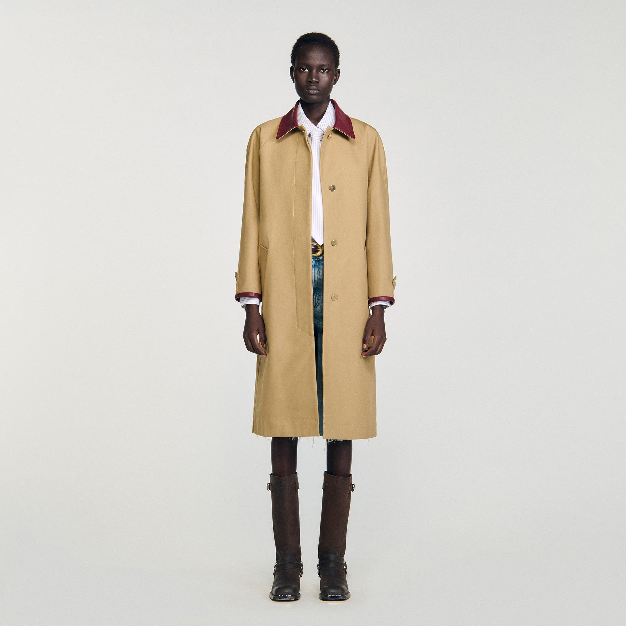 Joey Trench Coat With Leather Collar Beige