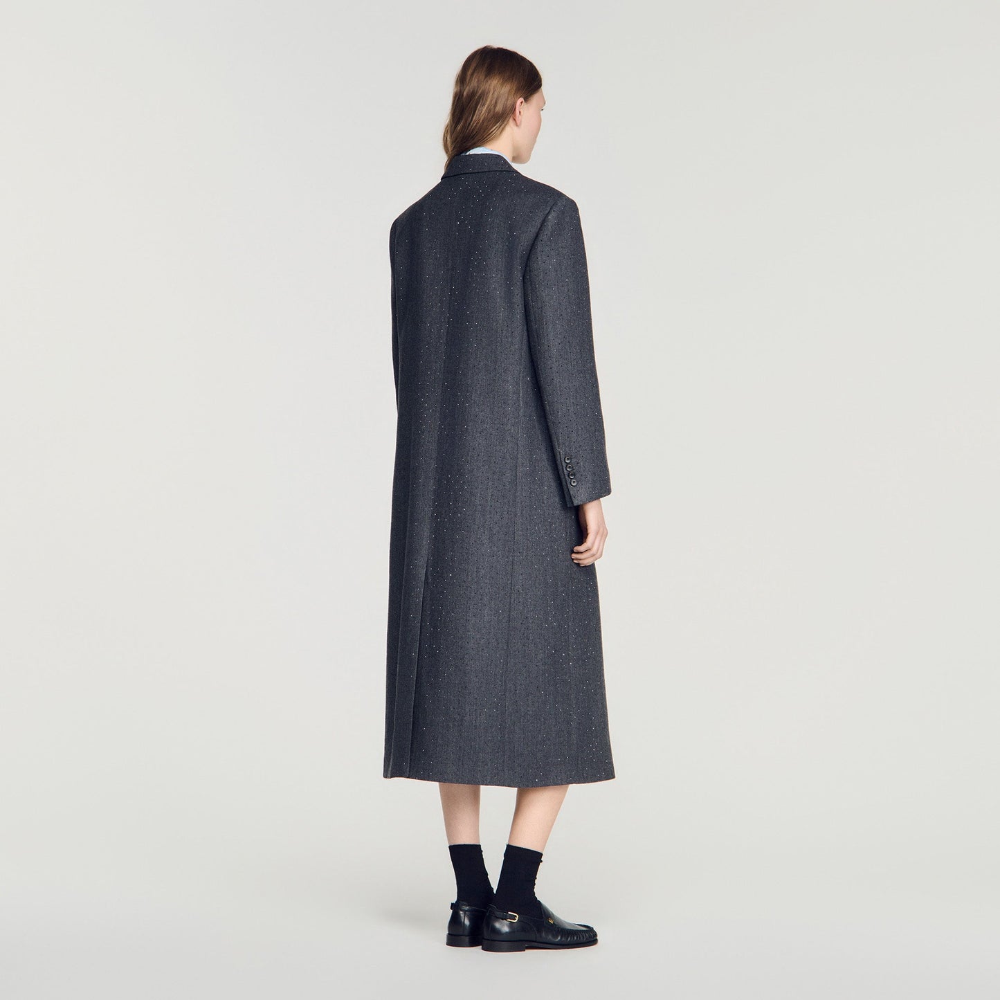 Evan Long Wool Coat With Rhinestones Dark Grey